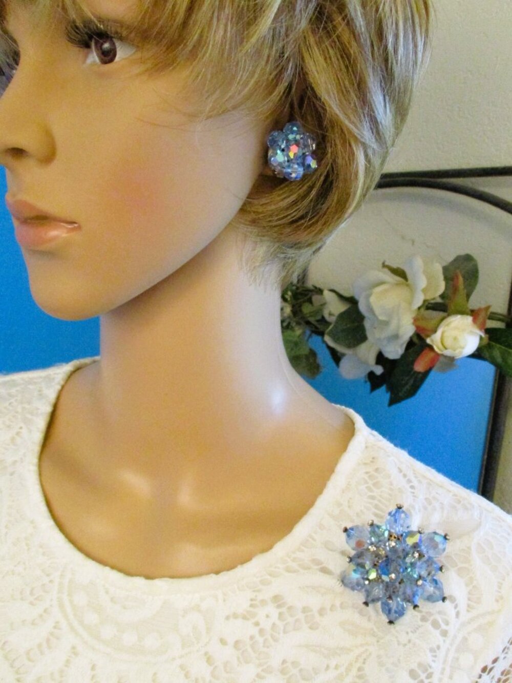 VINTAGE Austrian Crystal Brooch Earrings Set: Blue AB Jewelry ~ Free Earrings